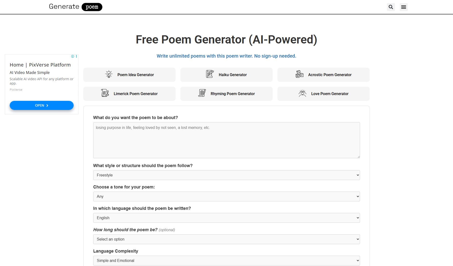 GeneratePoem.io GeneratePoem.io Interface & Screenshots GeneratePoem.io GeneratePoem.io Interface & Screenshots