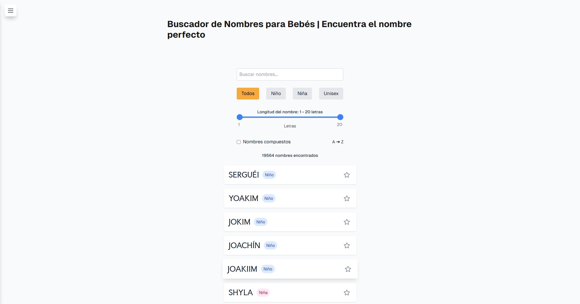 Buscador de Nombres para Bebés Buscador de Nombres para Bebés Interface & Screenshots
