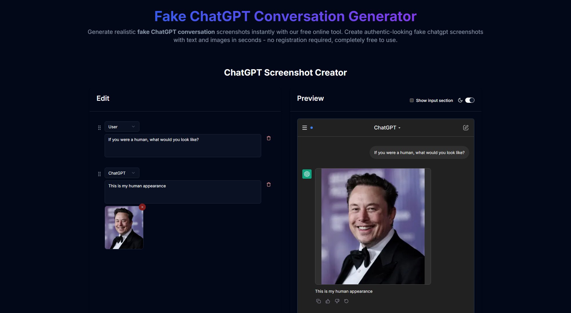 Fake ChatGPT Conversation Generator Fake ChatGPT Conversation Generator Interface & Screenshots Fake ChatGPT Conversation Generator Fake ChatGPT Conversation Generator Interface & Screenshots