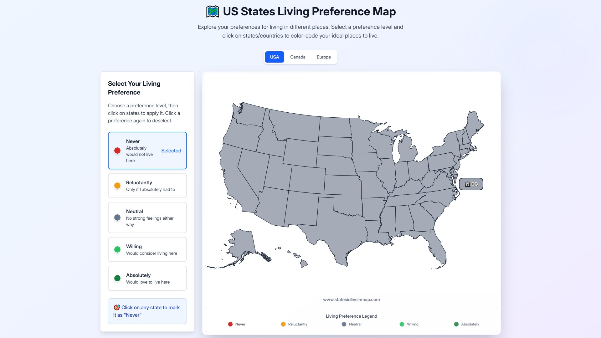 US States Living Preference Map Screenshot US States Living Preference Map Screenshot