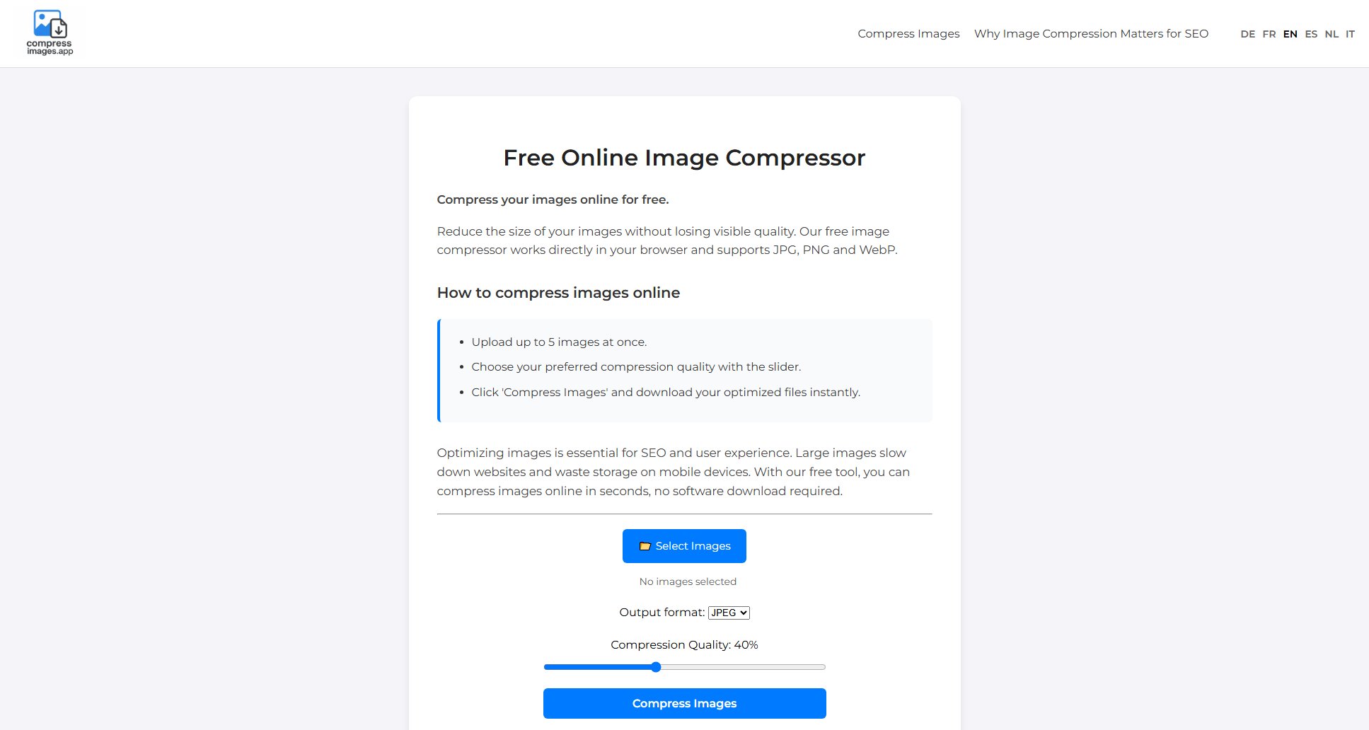 Compress Images Online for Free – JPG, PNG & WebP Optimizer Screenshot