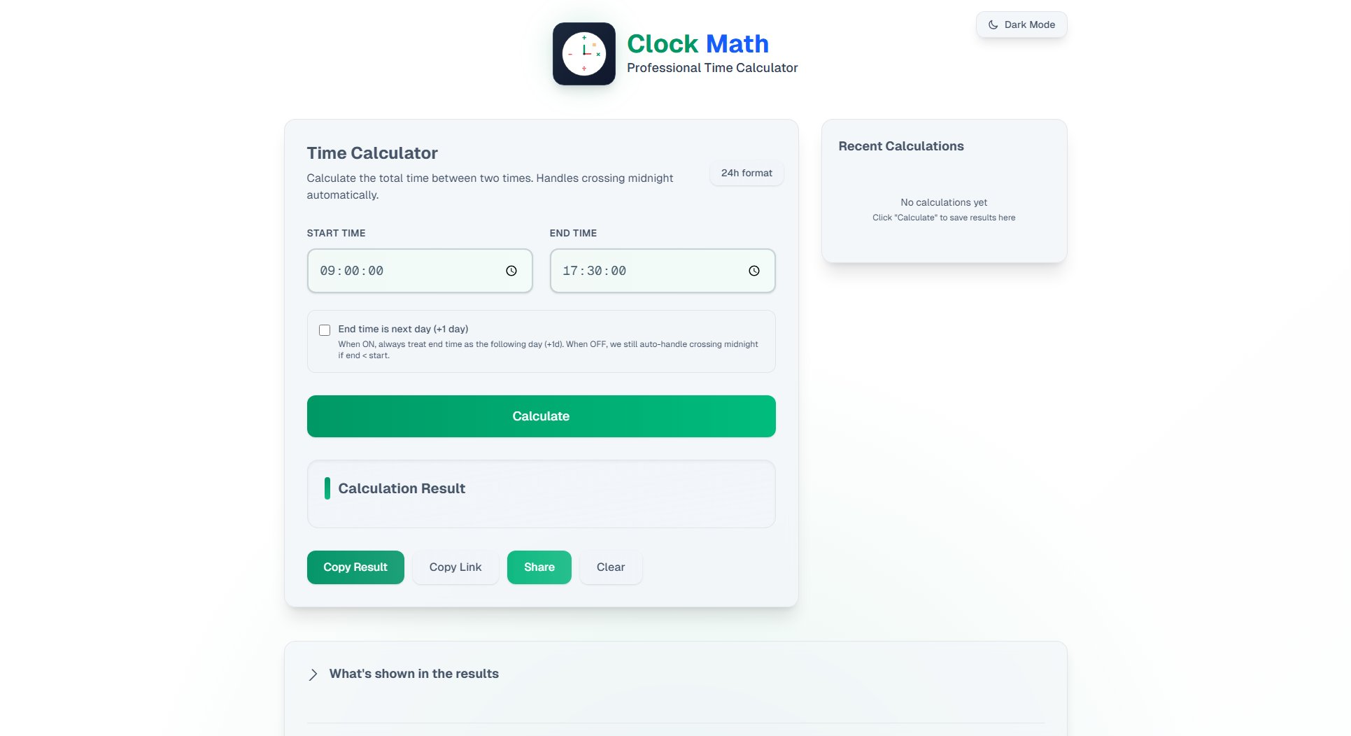 Time Duration Calculator & Hours Calculator β Clock Math Screenshot Time Duration Calculator & Hours Calculator β Clock Math Screenshot