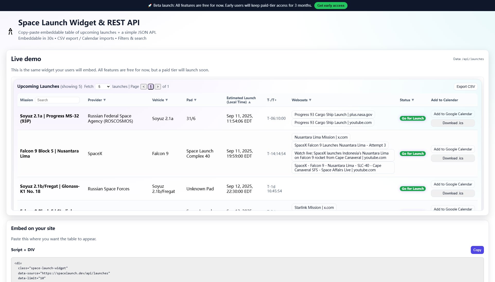 Space Launch Widget & API Screenshot