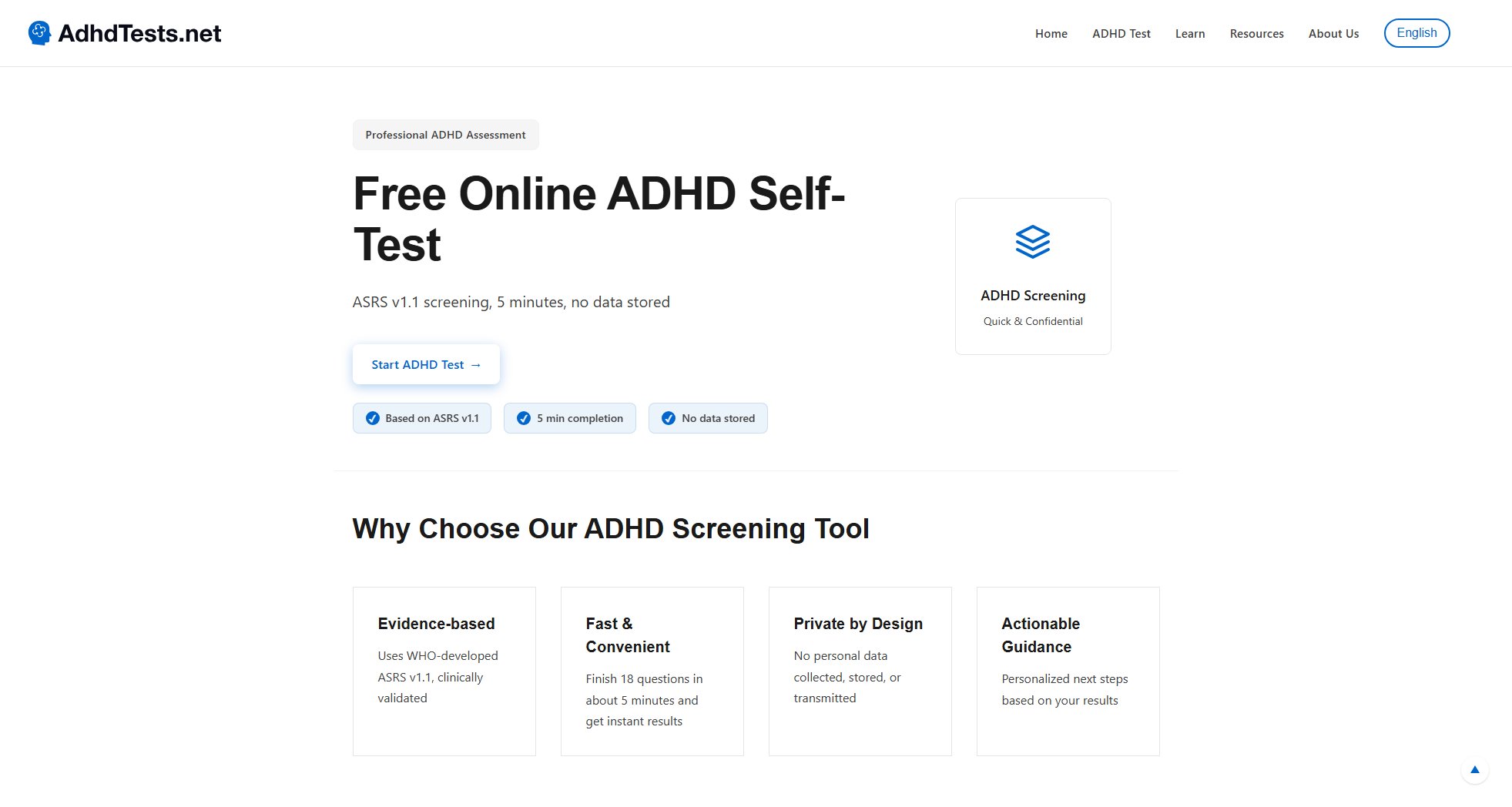 Free ADHD Self-Test Online | Adult ASRS v1.1 Screening Screenshot