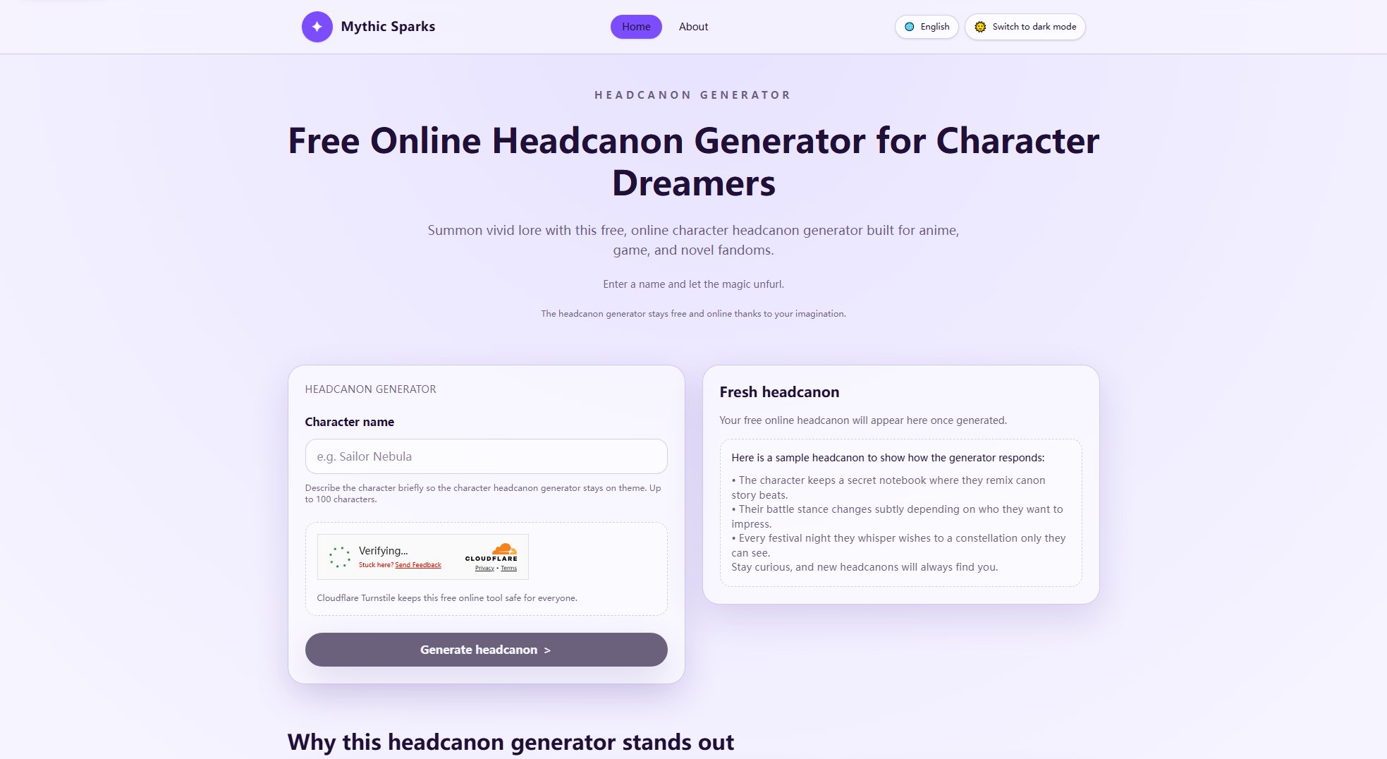 Mythic Sparks Headcanon Generator Screenshot