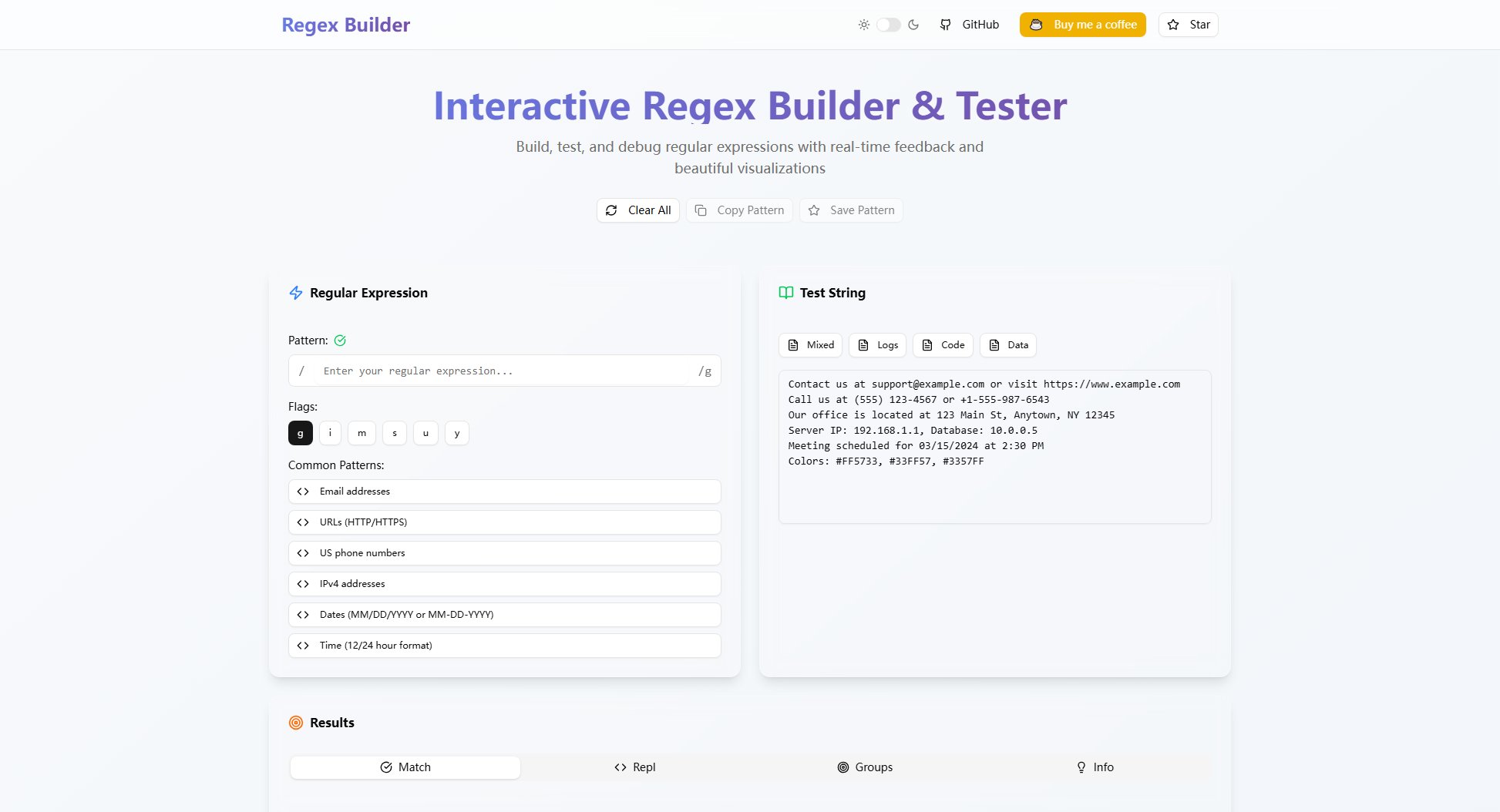 Interactive Regex Builder & Tester Interactive Regex Builder & Tester Interface & Screenshots