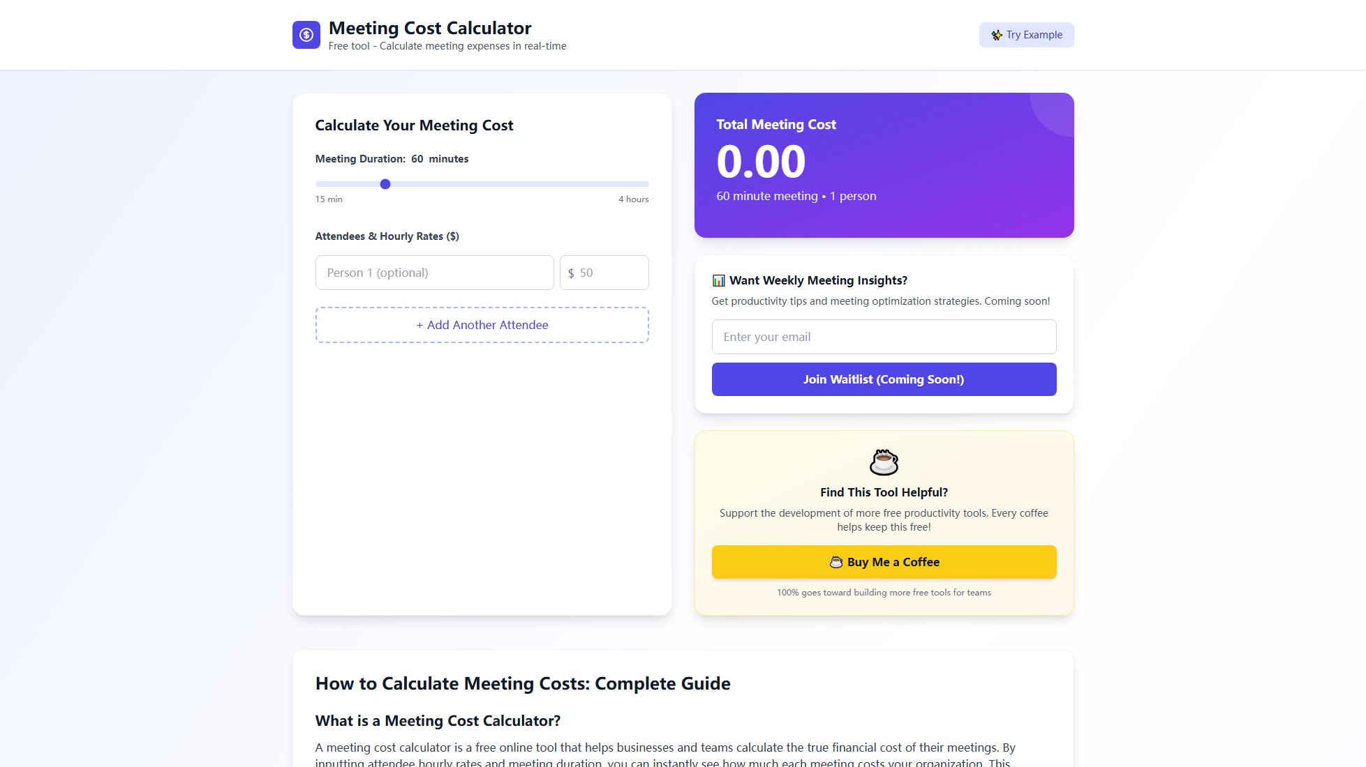 Meeting Cost Calculator Meeting Cost Calculator Interface & Screenshots Meeting Cost Calculator Meeting Cost Calculator Interface & Screenshots