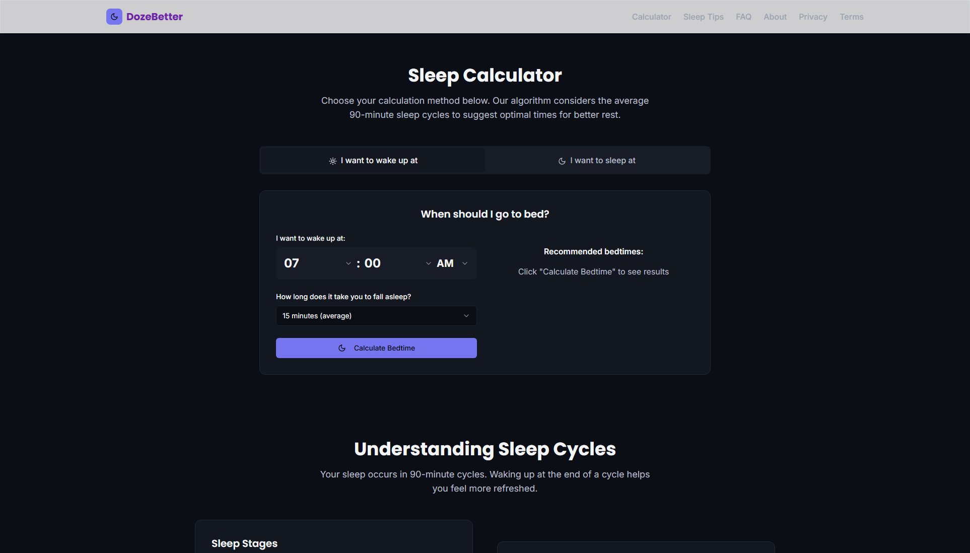 DozeBetter - Smart Sleep Calculator DozeBetter - Smart Sleep Calculator Interface & Screenshots DozeBetter - Smart Sleep Calculator DozeBetter - Smart Sleep Calculator Interface & Screenshots