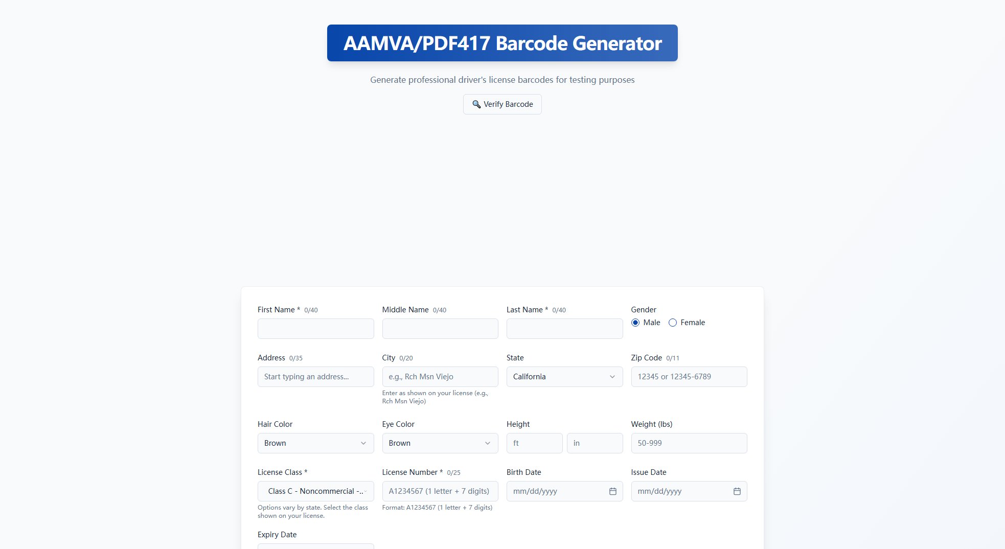 AAMVA/PDF417 Barcode Generator AAMVA/PDF417 Barcode Generator Interface & Screenshots