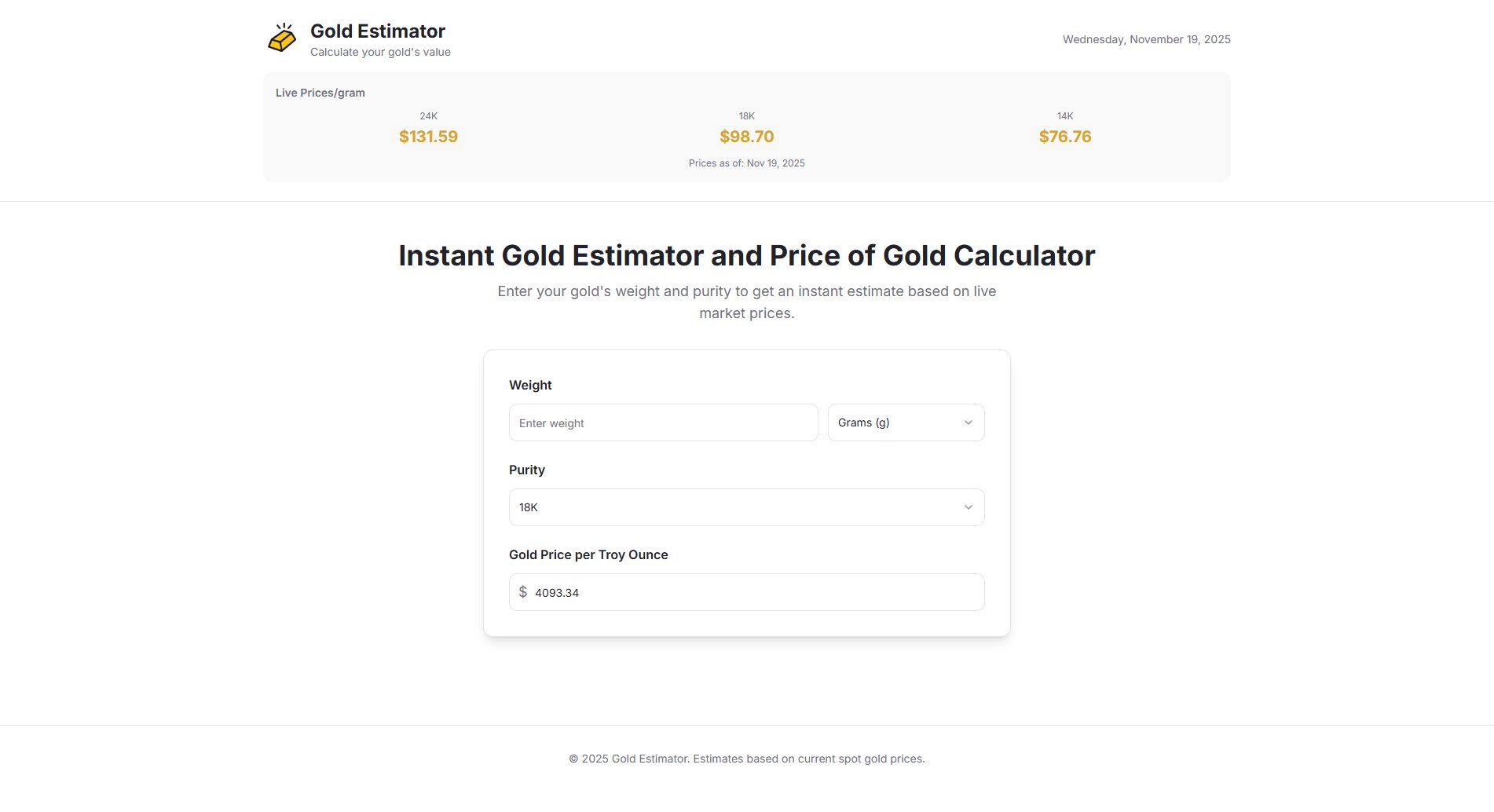 Gold Estimator Gold Estimator Interface & Screenshots