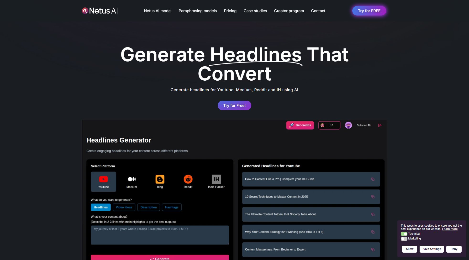 Netus AI Headline Generator Screenshot